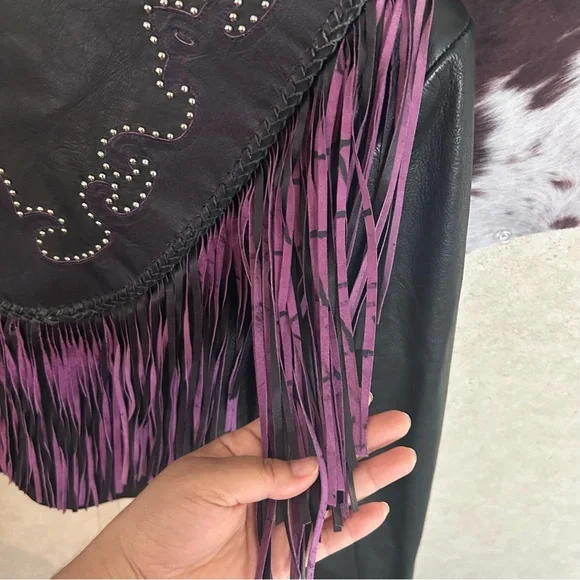 Leather Gallery Black Leather Fringe Western Jacket with Purple Accents - Picture 3 of 5